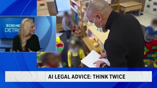 A split-screen news graphic shows a smiling anchor on the left, an adult in a classroom with blurred children on the right. A banner reads: AI LEGAL ADVICE: THINK TWICE. OCBS NEWS DETROIT.